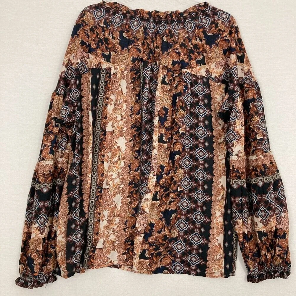 Nine West Brown Black Boho Print Ultra Soft Comfy‎ Popover Blouse XL - Picture 9 of 10